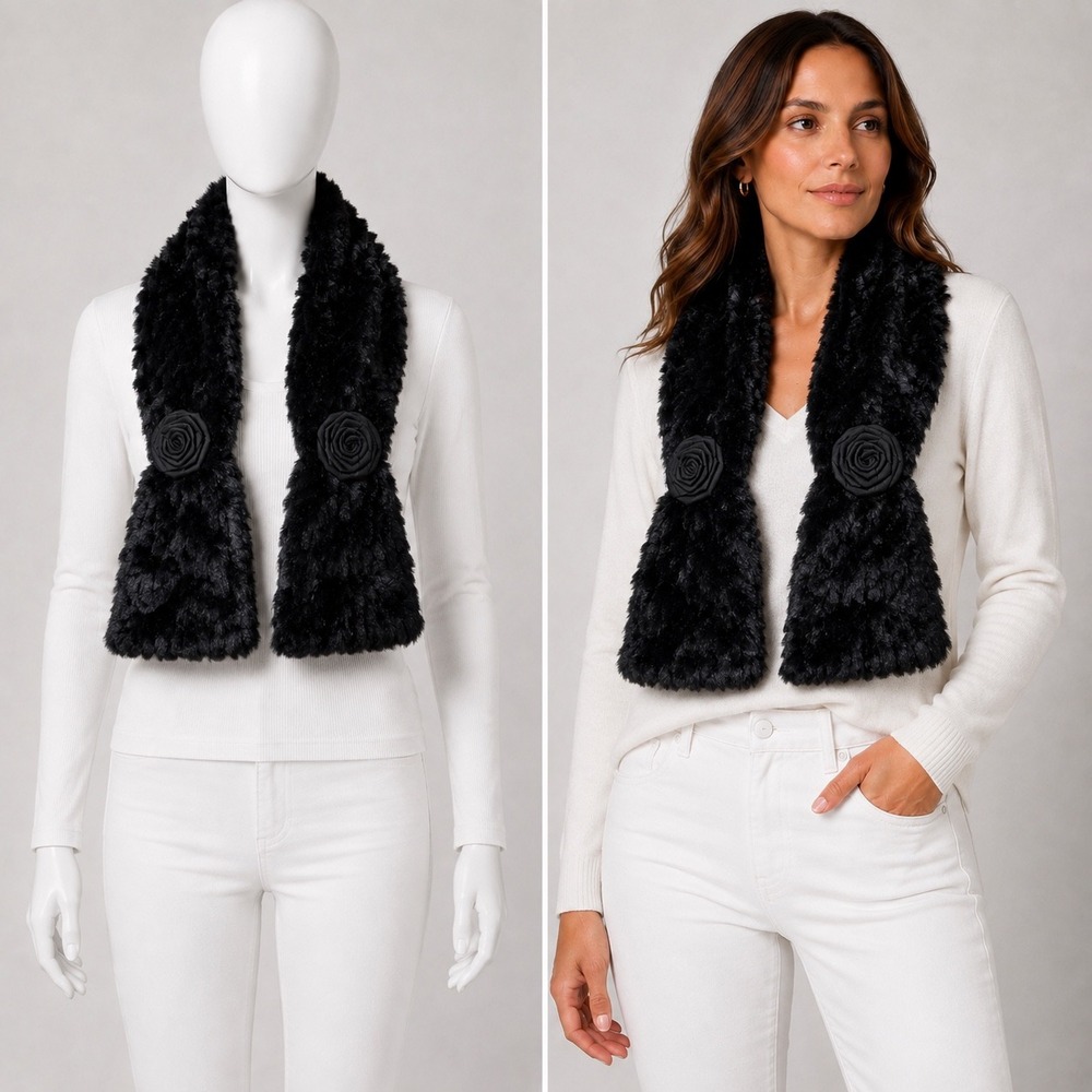 Dennis by Dennis Basso Scarf Women OS Black Faux Fur Rosette Accent Plush Wrap
